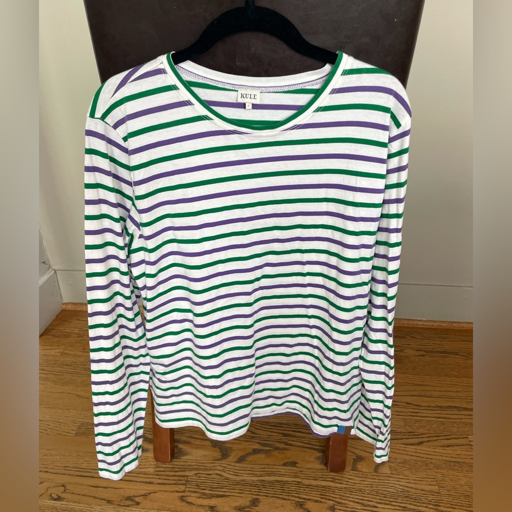 Kule The Modern Long-sleeve Tee. White w/ purple and green stripes. Size Large. - Picture 5 of 5